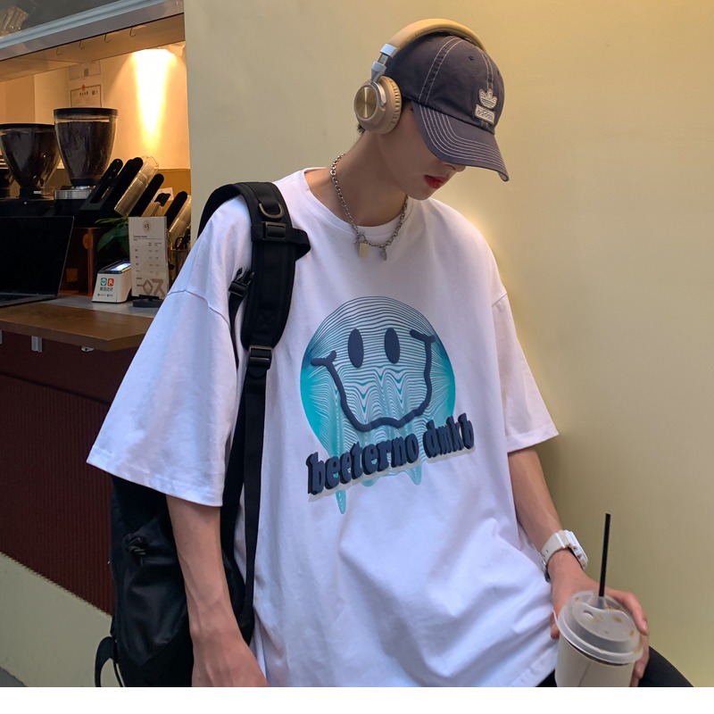 『癮品流行』美式純棉笑臉印花短袖T恤 男生T恤 五分袖 oversize 休閒百搭 大碼寬鬆 M-5XL-細節圖9