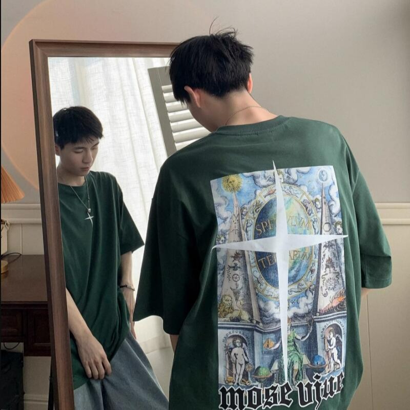 『癮品流行』十字架印花美式純棉短袖T恤 夏季薄款 圓領上衣 五分袖 大碼寬鬆 休閒百搭 M-5XL-細節圖4