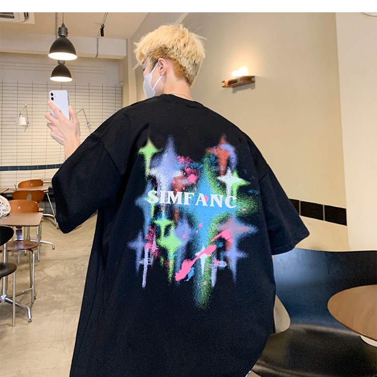 『癮品流行』夏季T恤男 星星印花 美式純棉T恤 設計感 圓領上衣 五分袖 休閒百搭 大碼寬鬆 M-3XL-細節圖3