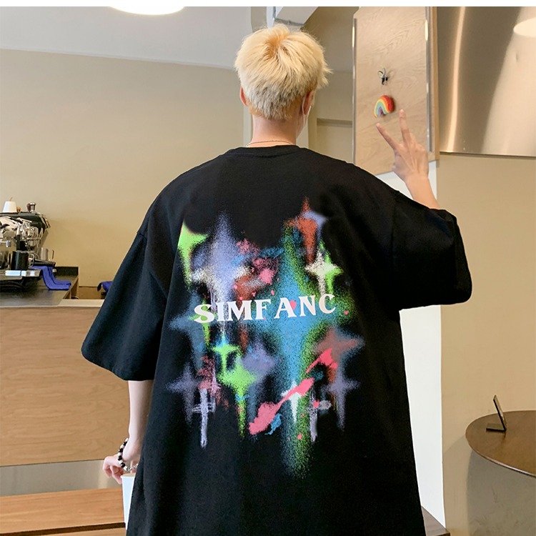 『癮品流行』夏季T恤男 星星印花 美式純棉T恤 設計感 圓領上衣 五分袖 休閒百搭 大碼寬鬆 M-3XL-細節圖4