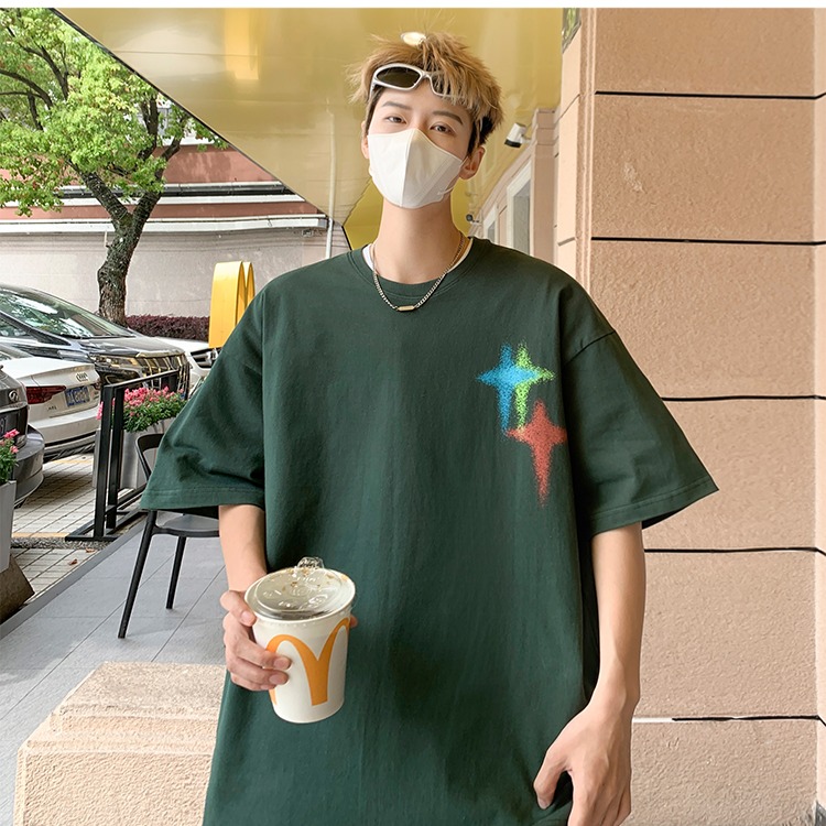 『癮品流行』夏季T恤男 星星印花 美式純棉T恤 設計感 圓領上衣 五分袖 休閒百搭 大碼寬鬆 M-3XL-細節圖5