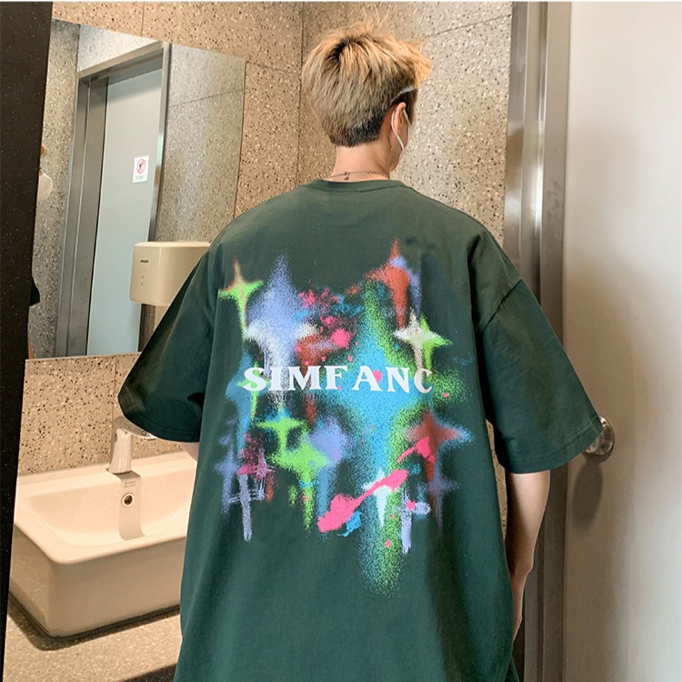 『癮品流行』夏季T恤男 星星印花 美式純棉T恤 設計感 圓領上衣 五分袖 休閒百搭 大碼寬鬆 M-3XL-細節圖6