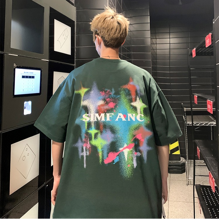 『癮品流行』夏季T恤男 星星印花 美式純棉T恤 設計感 圓領上衣 五分袖 休閒百搭 大碼寬鬆 M-3XL-細節圖7