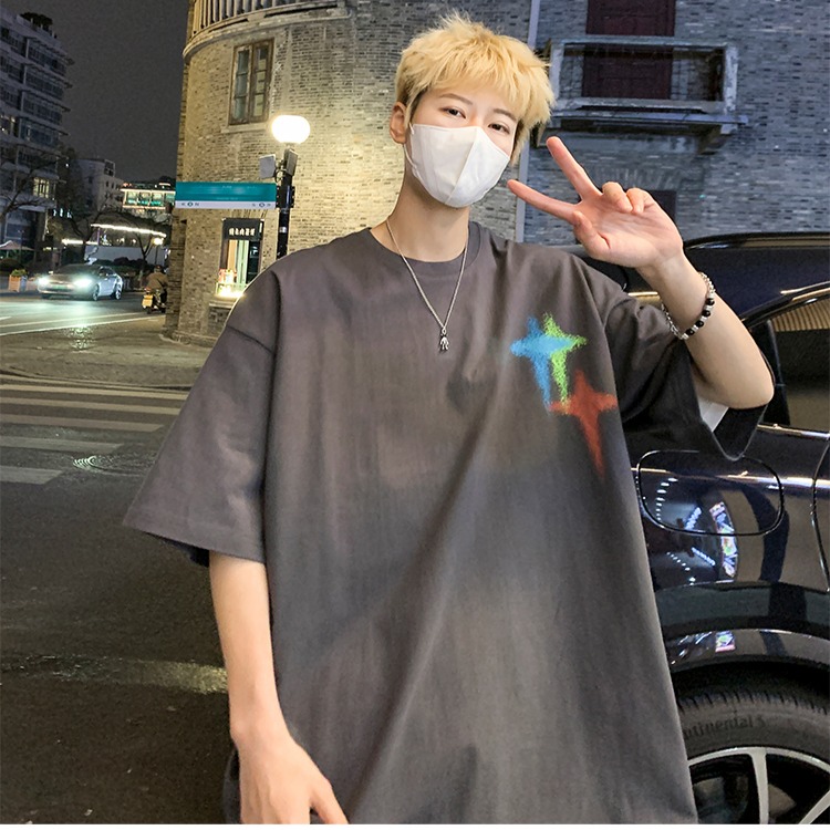 『癮品流行』夏季T恤男 星星印花 美式純棉T恤 設計感 圓領上衣 五分袖 休閒百搭 大碼寬鬆 M-3XL-細節圖8