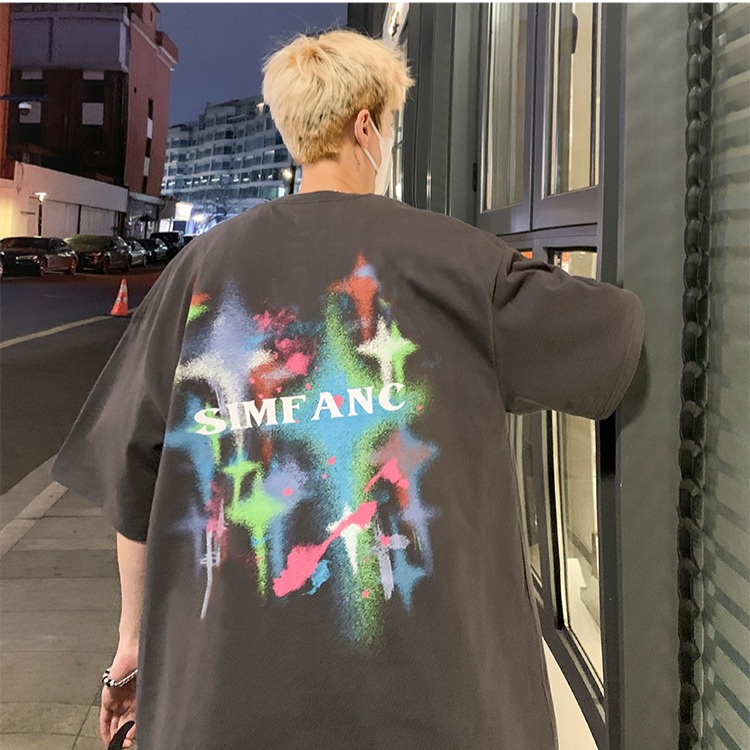 『癮品流行』夏季T恤男 星星印花 美式純棉T恤 設計感 圓領上衣 五分袖 休閒百搭 大碼寬鬆 M-3XL-細節圖9