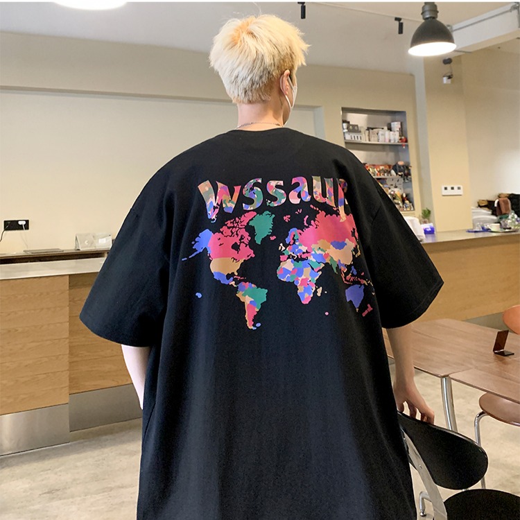 『癮品流行』地圖印花 美式純棉T恤 短袖T恤男 夏季T恤 五分袖 圓領上衣 休閒百搭 大碼寬鬆 M-3XL-細節圖3