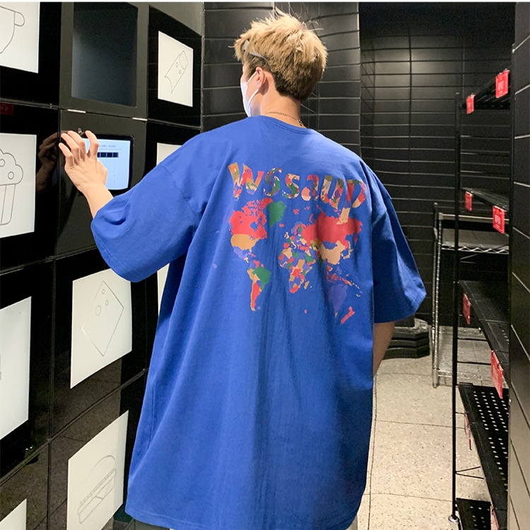 『癮品流行』地圖印花 美式純棉T恤 短袖T恤男 夏季T恤 五分袖 圓領上衣 休閒百搭 大碼寬鬆 M-3XL-細節圖5