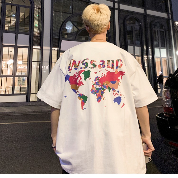 『癮品流行』地圖印花 美式純棉T恤 短袖T恤男 夏季T恤 五分袖 圓領上衣 休閒百搭 大碼寬鬆 M-3XL-細節圖7
