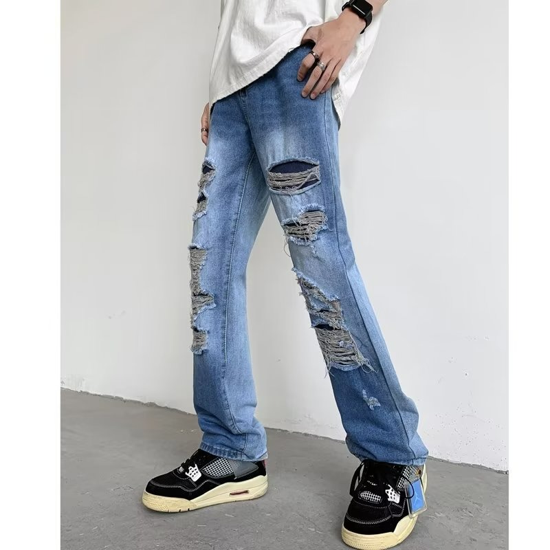 『癮品流行』美式高街牛仔褲 直筒褲 牛仔破洞褲 九分褲 設計感痞帥 休閒百搭 修身顯腿長 S-3XL-細節圖3