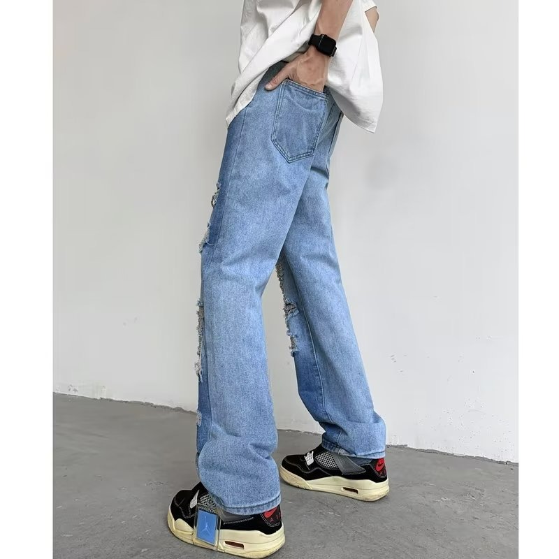 『癮品流行』美式高街牛仔褲 直筒褲 牛仔破洞褲 九分褲 設計感痞帥 休閒百搭 修身顯腿長 S-3XL-細節圖4