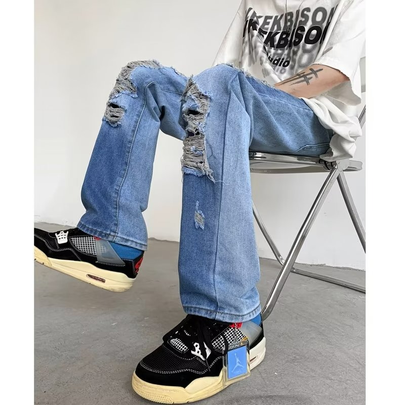 『癮品流行』美式高街牛仔褲 直筒褲 牛仔破洞褲 九分褲 設計感痞帥 休閒百搭 修身顯腿長 S-3XL-細節圖5