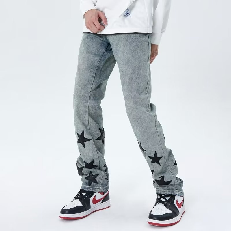 『癮品流行』星星印花 美式復古高街牛仔褲 直筒褲 九分褲 休閒百搭 純色簡約 修身顯腿長 S-3XL-細節圖3