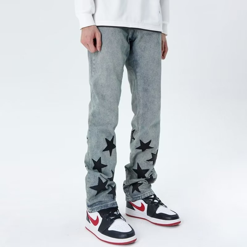 『癮品流行』星星印花 美式復古高街牛仔褲 直筒褲 九分褲 休閒百搭 純色簡約 修身顯腿長 S-3XL-細節圖4