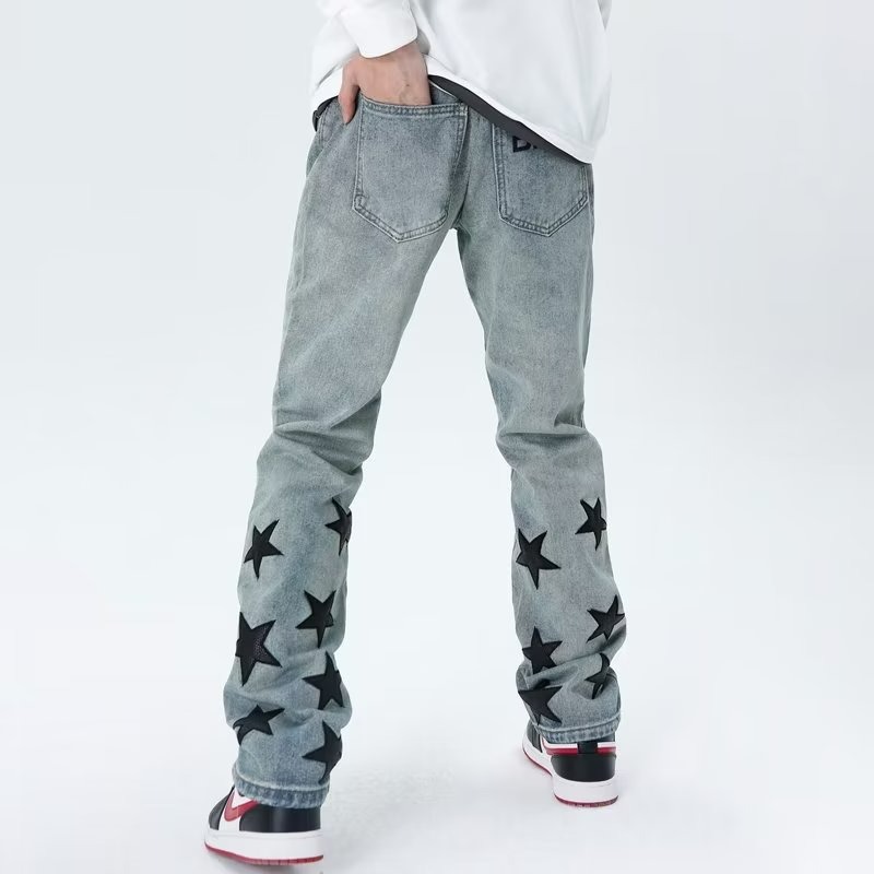 『癮品流行』星星印花 美式復古高街牛仔褲 直筒褲 九分褲 休閒百搭 純色簡約 修身顯腿長 S-3XL-細節圖6