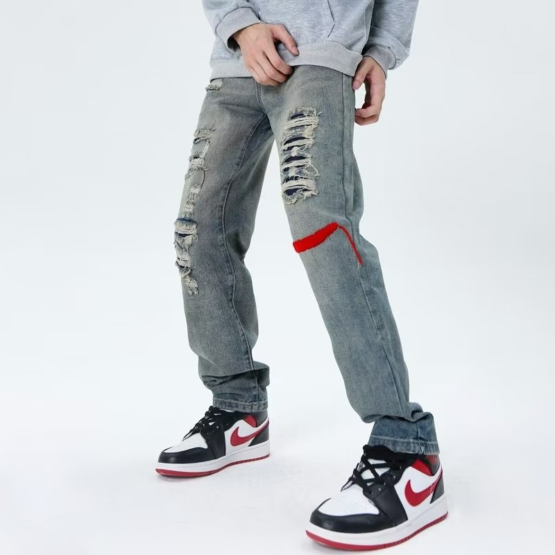 『癮品流行』美式復古高街直筒褲 牛仔褲 破洞褲 九分褲 痞帥設計感 休閒百搭 修身顯瘦 S-3XL-細節圖3