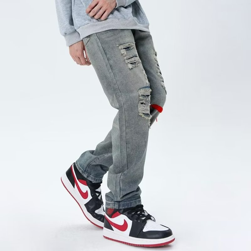 『癮品流行』美式復古高街直筒褲 牛仔褲 破洞褲 九分褲 痞帥設計感 休閒百搭 修身顯瘦 S-3XL-細節圖5