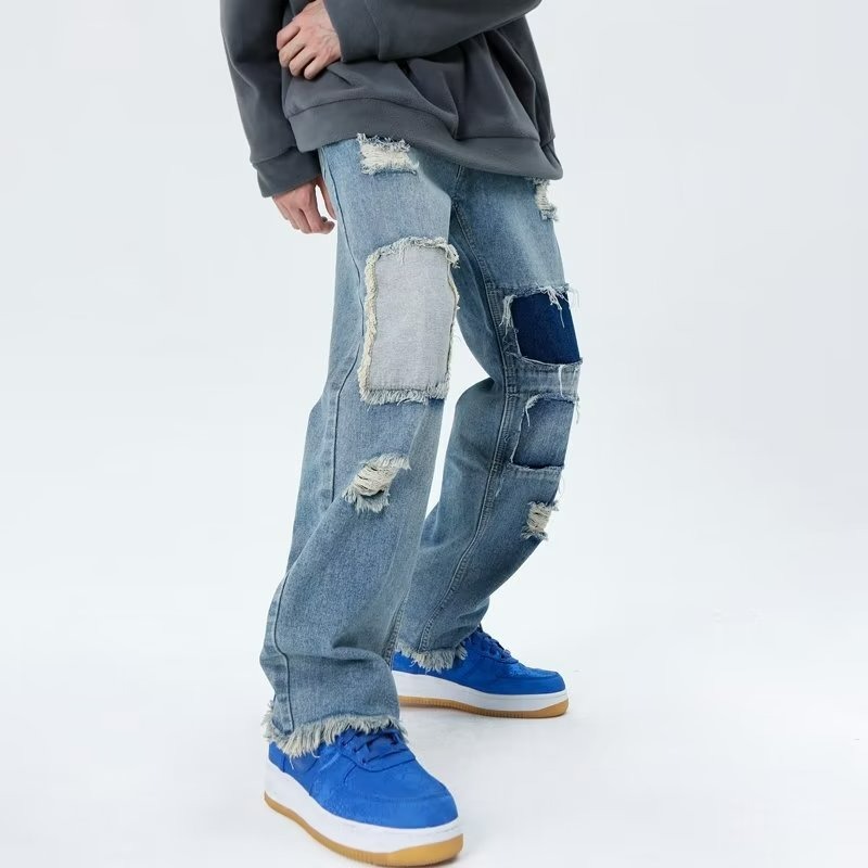 『癮品流行』美式高街復古牛仔褲 直筒褲 九分褲 破洞褲 設計感 休閒百搭 修身顯腿長 S-3XL-細節圖4