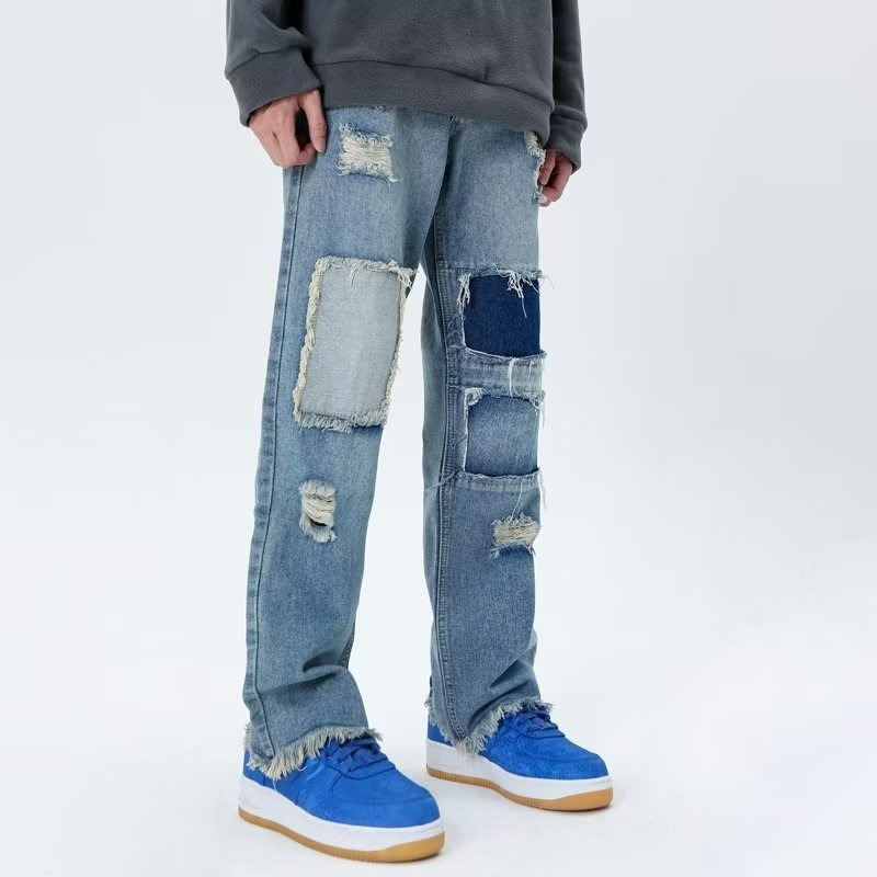 『癮品流行』美式高街復古牛仔褲 直筒褲 九分褲 破洞褲 設計感 休閒百搭 修身顯腿長 S-3XL-細節圖5