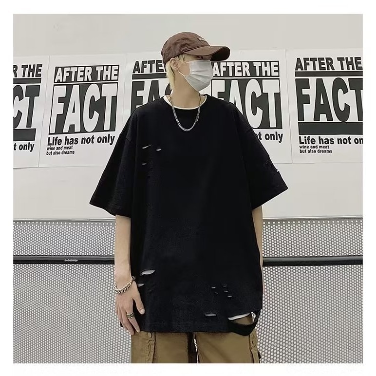 『癮品流行』美式高街純棉T恤 圓領上衣 五分袖 破洞設計感 休閒百搭 純色簡約 寬鬆大碼 M-5XL-細節圖3