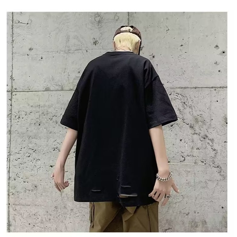 『癮品流行』美式高街純棉T恤 圓領上衣 五分袖 破洞設計感 休閒百搭 純色簡約 寬鬆大碼 M-5XL-細節圖4