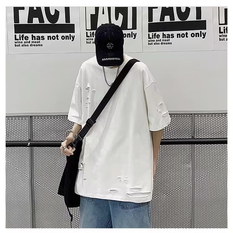 『癮品流行』美式高街純棉T恤 圓領上衣 五分袖 破洞設計感 休閒百搭 純色簡約 寬鬆大碼 M-5XL-細節圖5