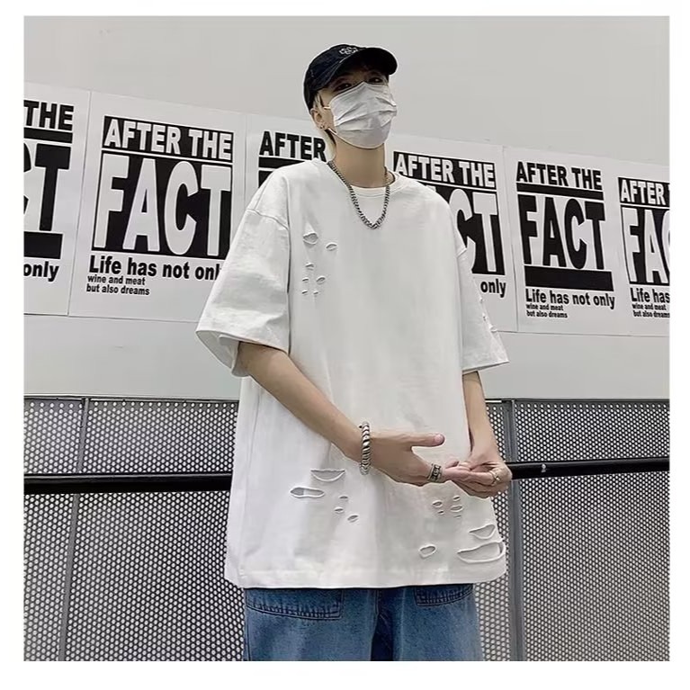 『癮品流行』美式高街純棉T恤 圓領上衣 五分袖 破洞設計感 休閒百搭 純色簡約 寬鬆大碼 M-5XL-細節圖6
