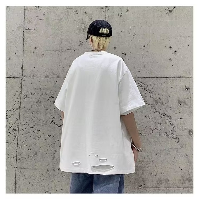 『癮品流行』美式高街純棉T恤 圓領上衣 五分袖 破洞設計感 休閒百搭 純色簡約 寬鬆大碼 M-5XL-細節圖7