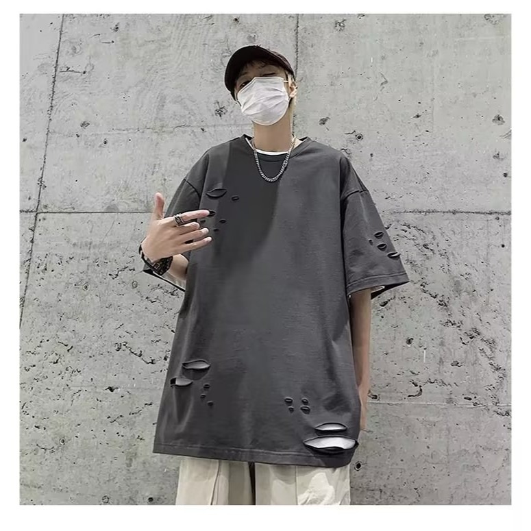 『癮品流行』美式高街純棉T恤 圓領上衣 五分袖 破洞設計感 休閒百搭 純色簡約 寬鬆大碼 M-5XL-細節圖8