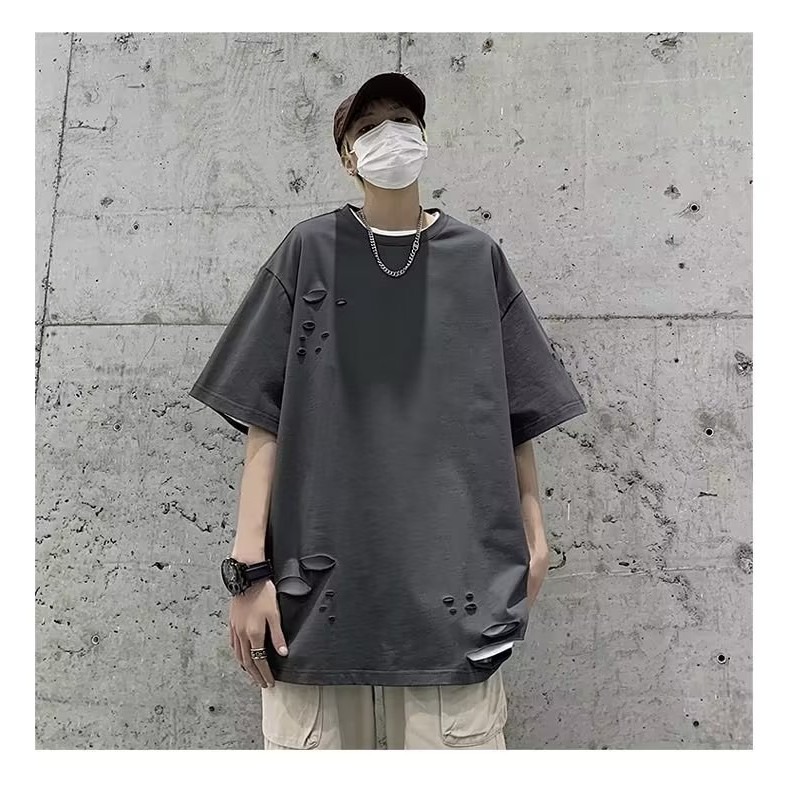 『癮品流行』美式高街純棉T恤 圓領上衣 五分袖 破洞設計感 休閒百搭 純色簡約 寬鬆大碼 M-5XL-細節圖9