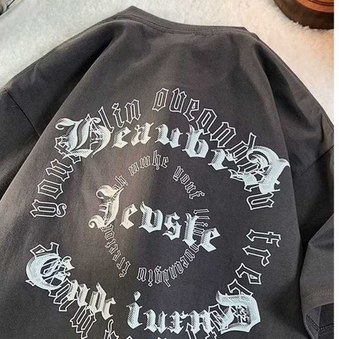 『癮品流行』美式字母印花短袖T恤 復古高街圓領上衣 純棉T恤男 設計感 休閒百搭 大碼寬鬆 M-5XL-細節圖4