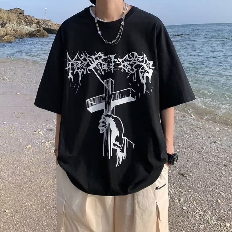 『癮品流行』十字架印花 美式字母印花短袖T恤 復古高街圓領上衣 純棉五分袖 休閒百搭 大碼寬鬆 M-5XL-細節圖5