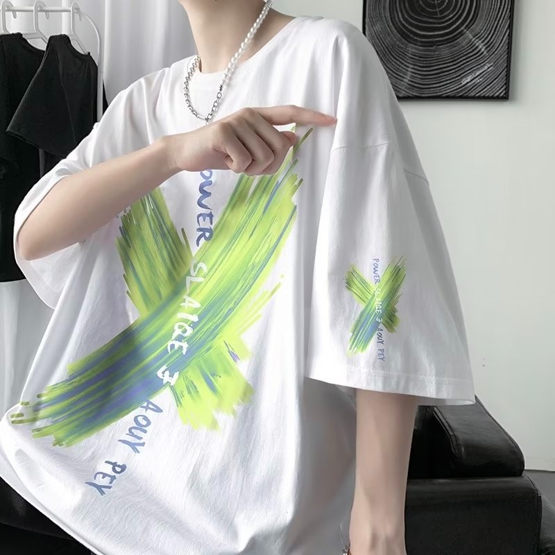 『癮品流行』美式重磅纯棉字母印花T恤 男T恤 圆领上衣 五分袖 设计感 休闲百搭 大码宽松 M-5XL-細節圖3