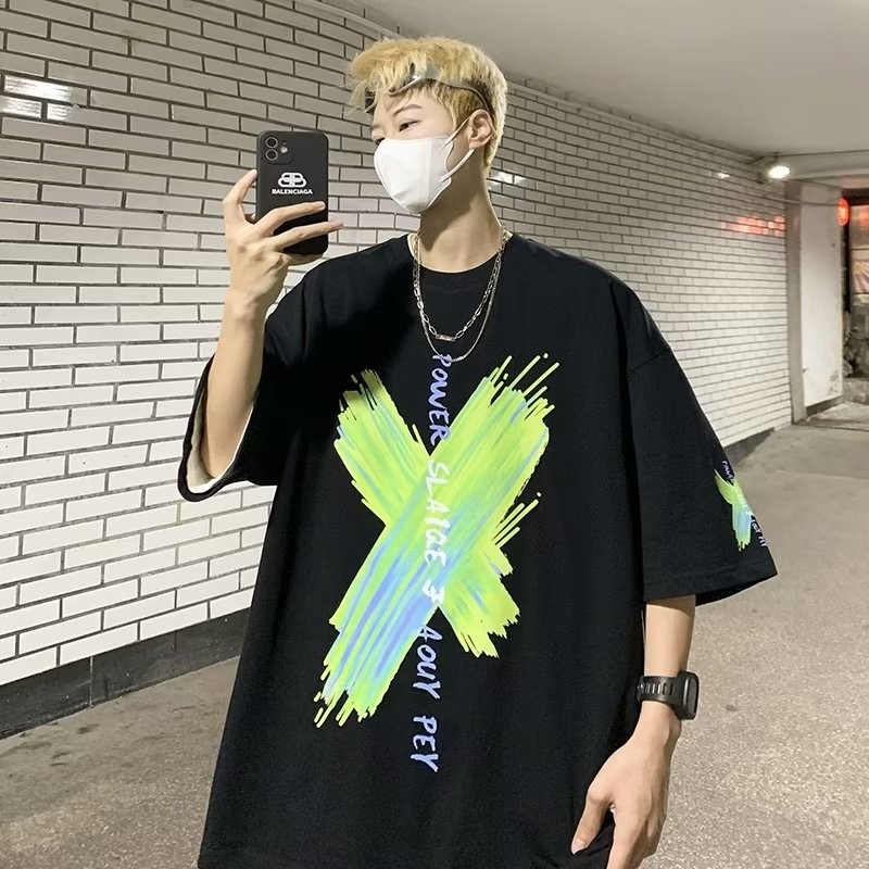 『癮品流行』美式重磅纯棉字母印花T恤 男T恤 圆领上衣 五分袖 设计感 休闲百搭 大码宽松 M-5XL-細節圖4