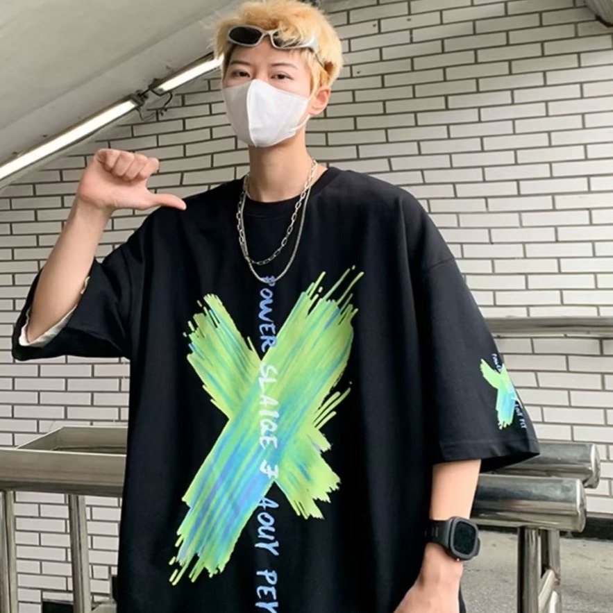 『癮品流行』美式重磅纯棉字母印花T恤 男T恤 圆领上衣 五分袖 设计感 休闲百搭 大码宽松 M-5XL-細節圖5