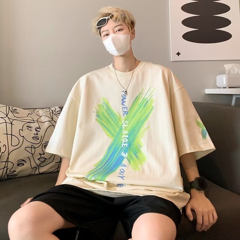 『癮品流行』美式重磅纯棉字母印花T恤 男T恤 圆领上衣 五分袖 设计感 休闲百搭 大码宽松 M-5XL-細節圖7