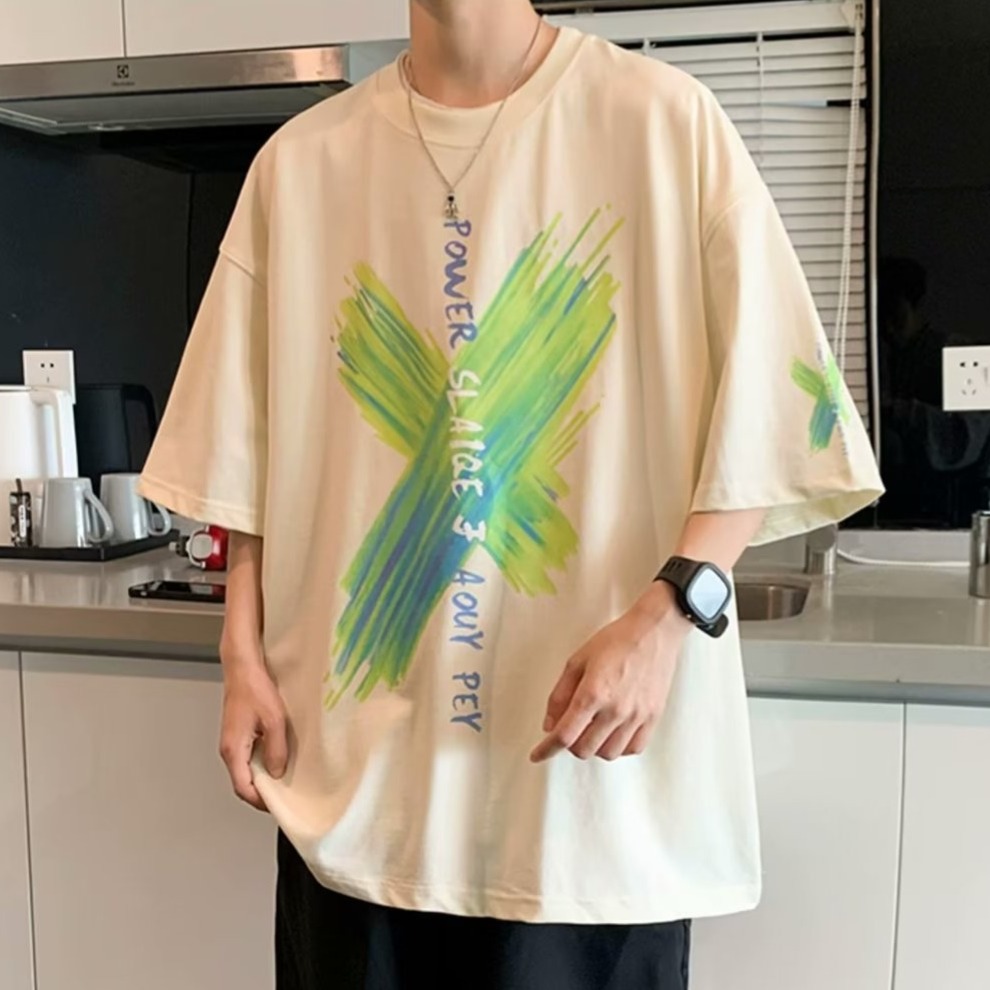 『癮品流行』美式重磅纯棉字母印花T恤 男T恤 圆领上衣 五分袖 设计感 休闲百搭 大码宽松 M-5XL-細節圖8