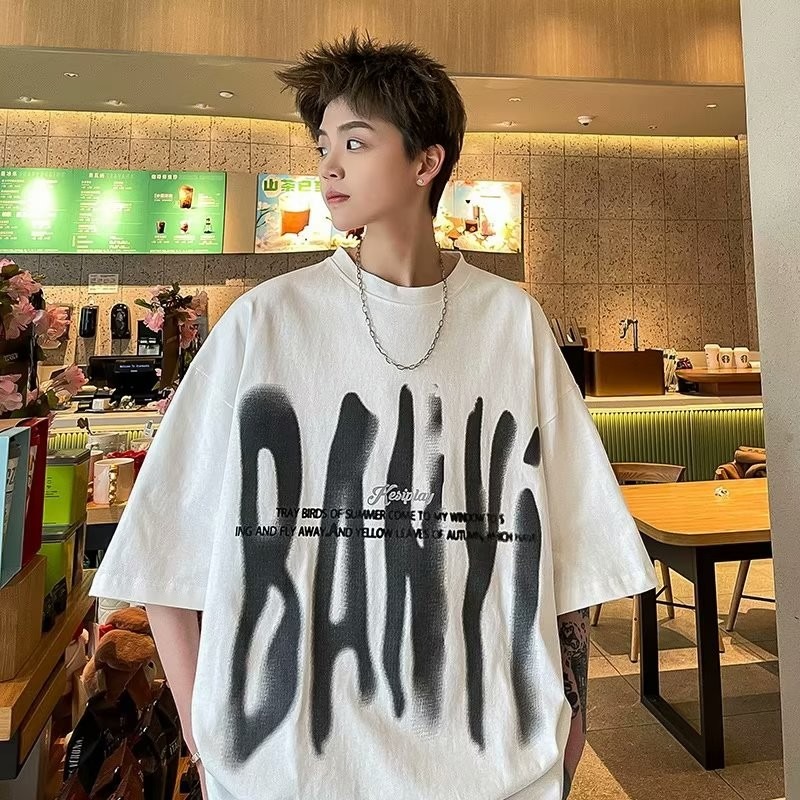 『癮品流行』美式字母印花T恤 高街復古圓領上衣 純棉五分袖 休閒百搭 設計感 大碼寬鬆 M-5XL-細節圖3