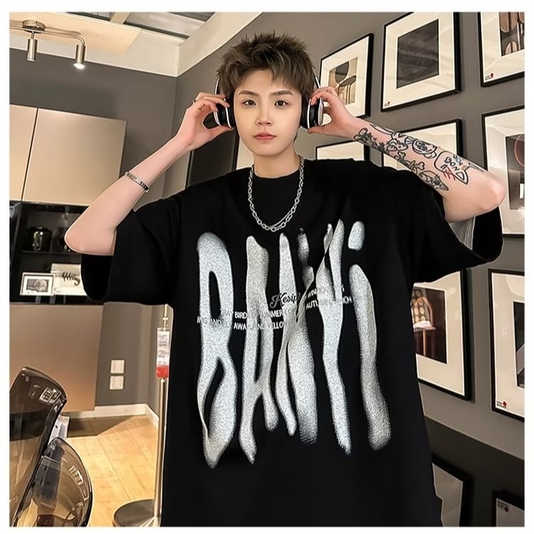 『癮品流行』美式字母印花T恤 高街復古圓領上衣 純棉五分袖 休閒百搭 設計感 大碼寬鬆 M-5XL-細節圖4