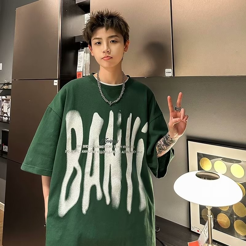 『癮品流行』美式字母印花T恤 高街復古圓領上衣 純棉五分袖 休閒百搭 設計感 大碼寬鬆 M-5XL-細節圖6