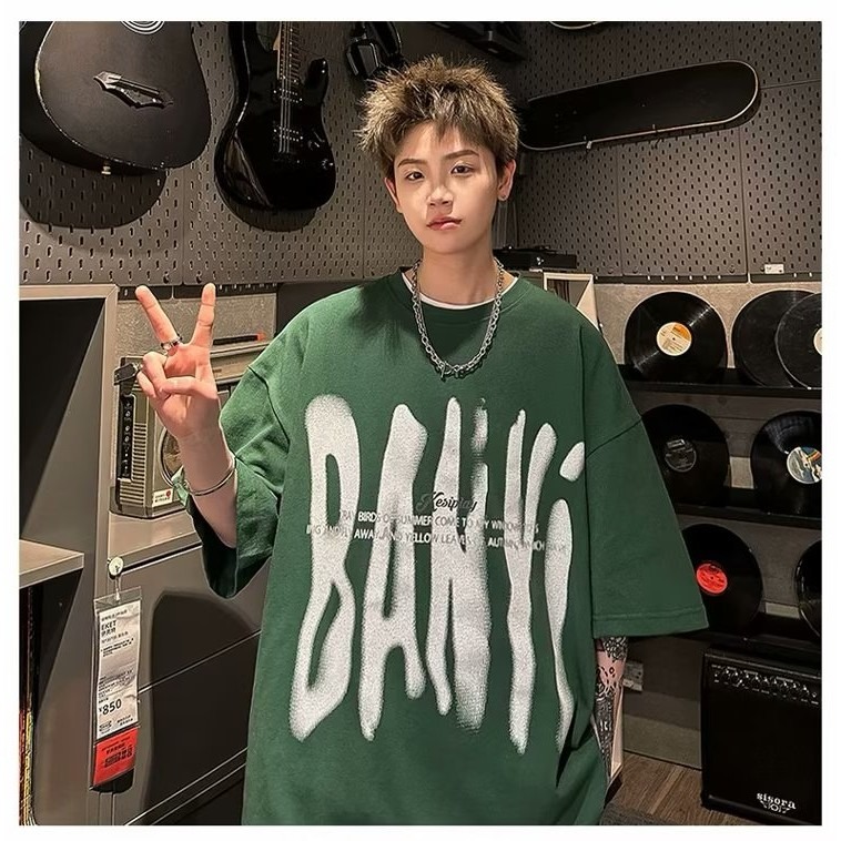 『癮品流行』夏季男生T恤 圓領上衣 美式復古高街字母印花純棉T恤 設計感 休閒百搭 大碼寬鬆 M-5XL-細節圖3