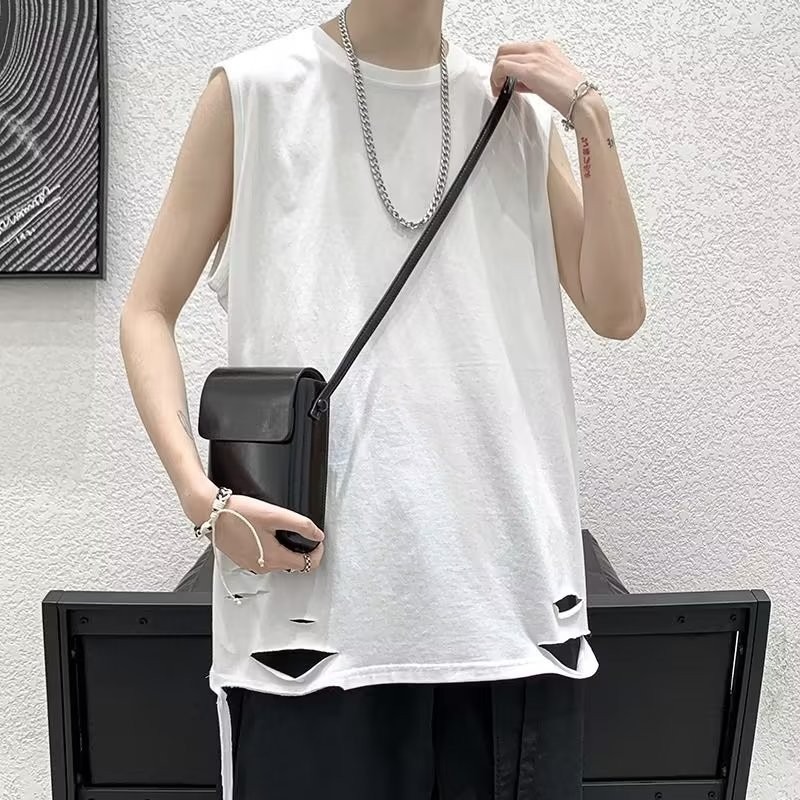 『癮品流行』夏季薄款背心男 運動背心 無袖背心 破洞背心 休閒百搭 大碼寬鬆 設計感 M-5XL-細節圖3