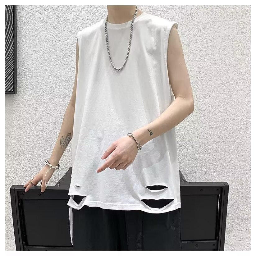 『癮品流行』夏季薄款背心男 運動背心 無袖背心 破洞背心 休閒百搭 大碼寬鬆 設計感 M-5XL-細節圖4