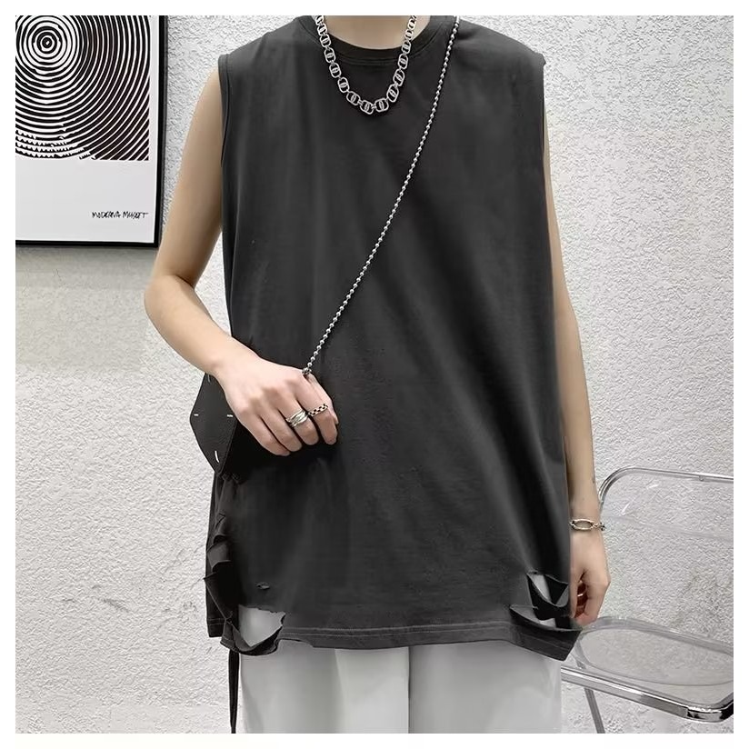 『癮品流行』夏季薄款背心男 運動背心 無袖背心 破洞背心 休閒百搭 大碼寬鬆 設計感 M-5XL-細節圖5