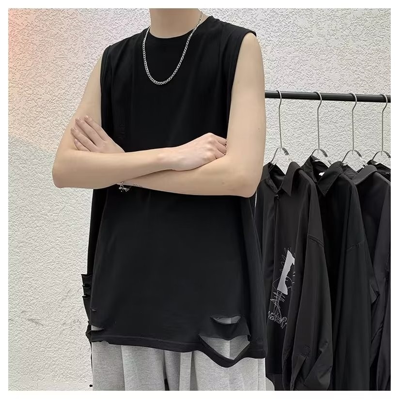 『癮品流行』夏季薄款背心男 運動背心 無袖背心 破洞背心 休閒百搭 大碼寬鬆 設計感 M-5XL-細節圖7