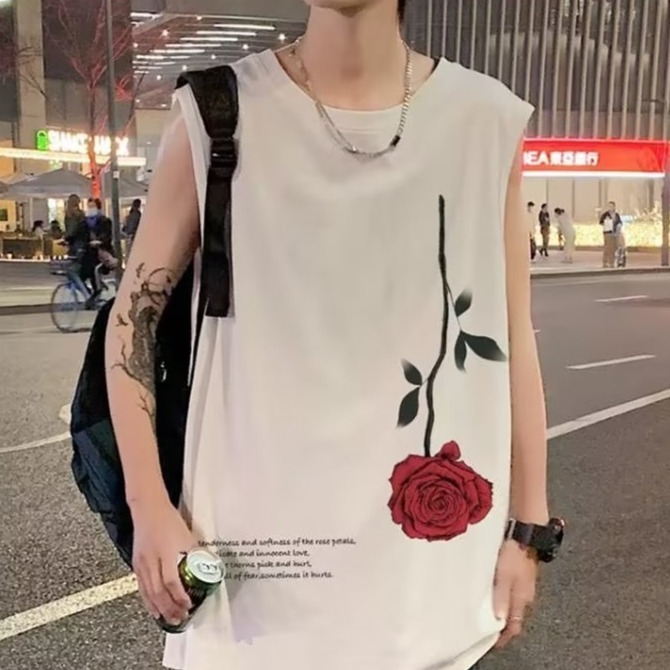 『癮品流行』玫瑰印花 美式純棉高街無袖背心 圓領背心 夏季薄款 休閒百搭 大碼寬鬆 M-5XL-細節圖3