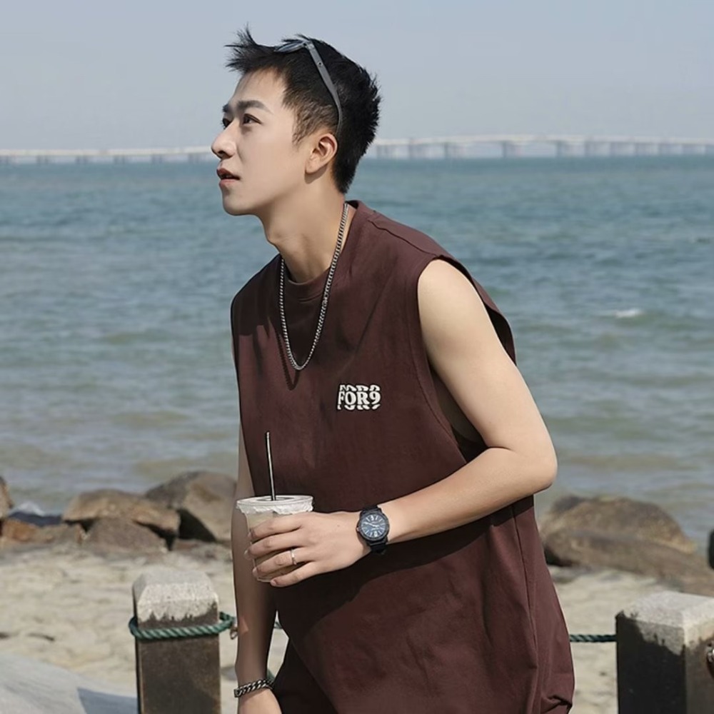 『癮品流行』美式水洗復古做舊純棉背心無袖背心 圓領背心 設計感 休閒百搭 大碼寬鬆 M-5XL-細節圖5