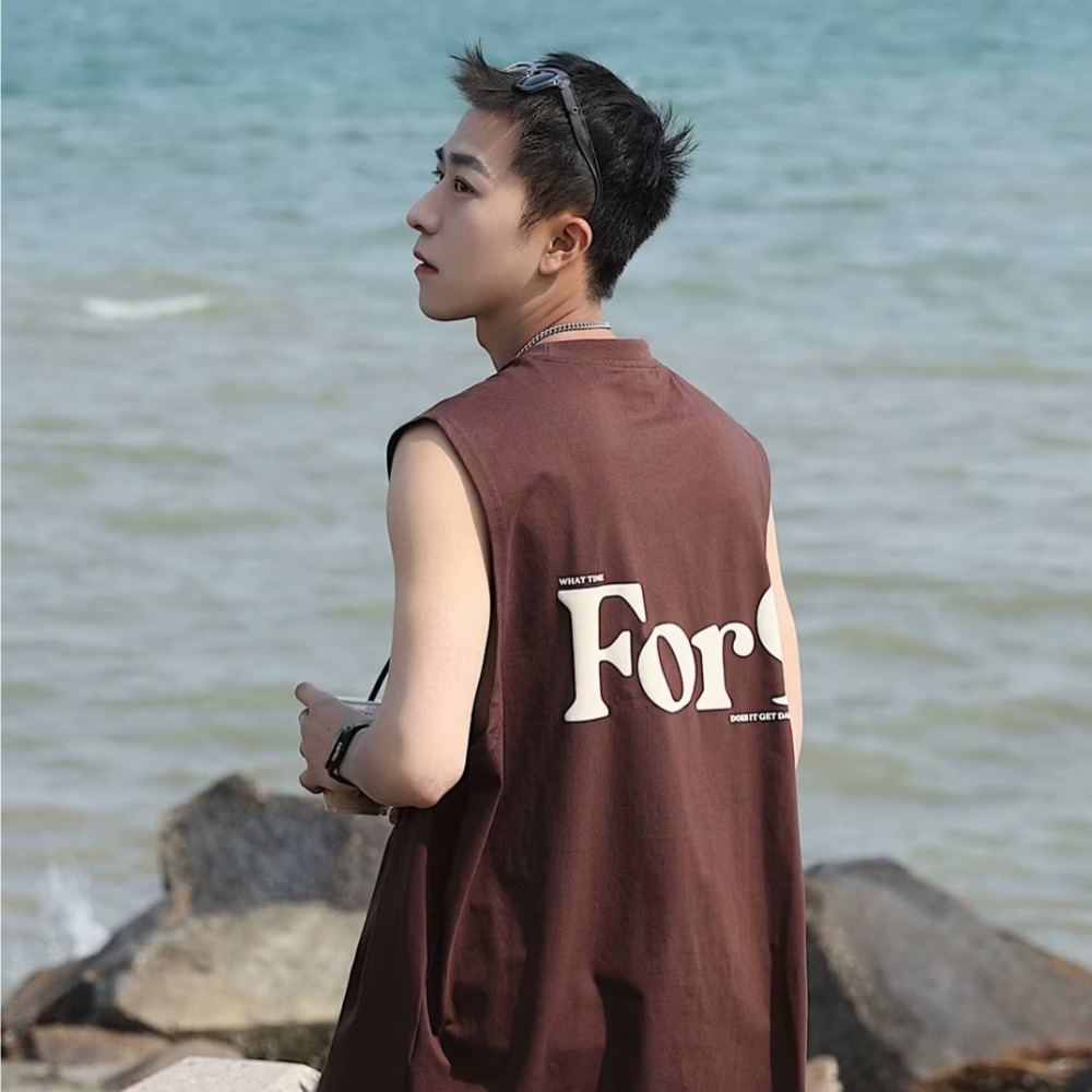 『癮品流行』美式水洗復古做舊純棉背心無袖背心 圓領背心 設計感 休閒百搭 大碼寬鬆 M-5XL-細節圖6