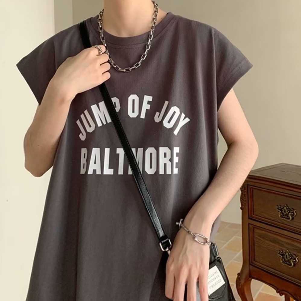 『癮品流行』美式字母印花純棉背心圓領背心 無袖背心  設計感 休閒百搭 大碼寬鬆 M-5XL-細節圖5