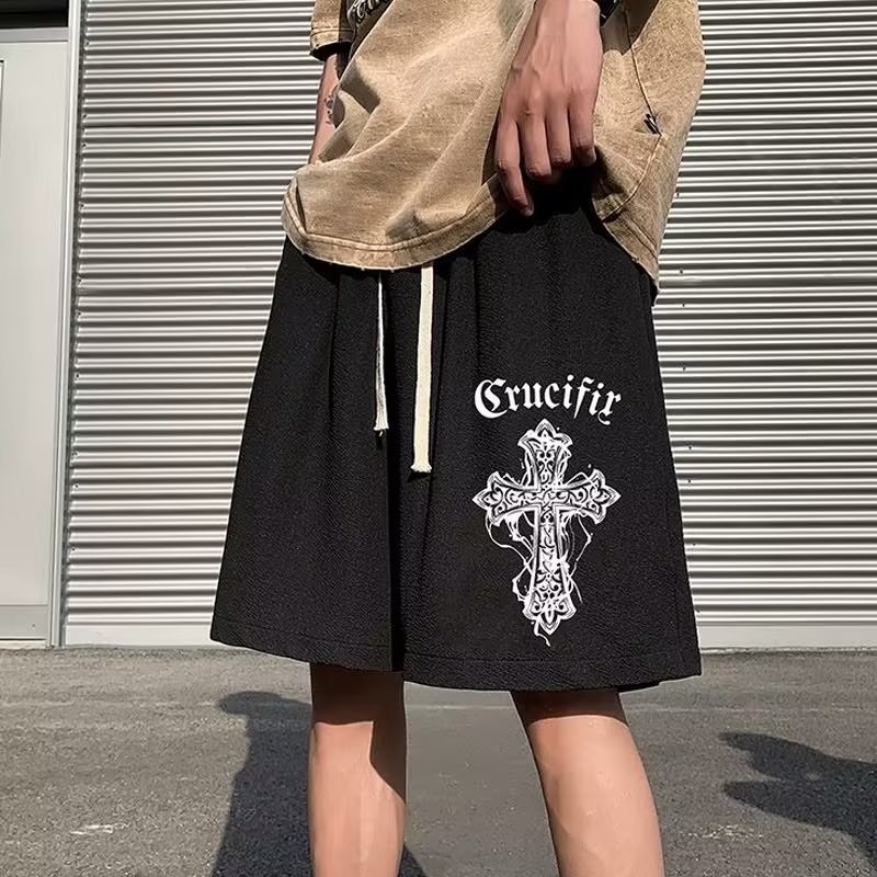 『癮品流行』美式純棉高街運動短褲 十字架印花 五分褲 闊腿寬褲  休閒百搭 寬鬆大碼 M-5XL-細節圖3