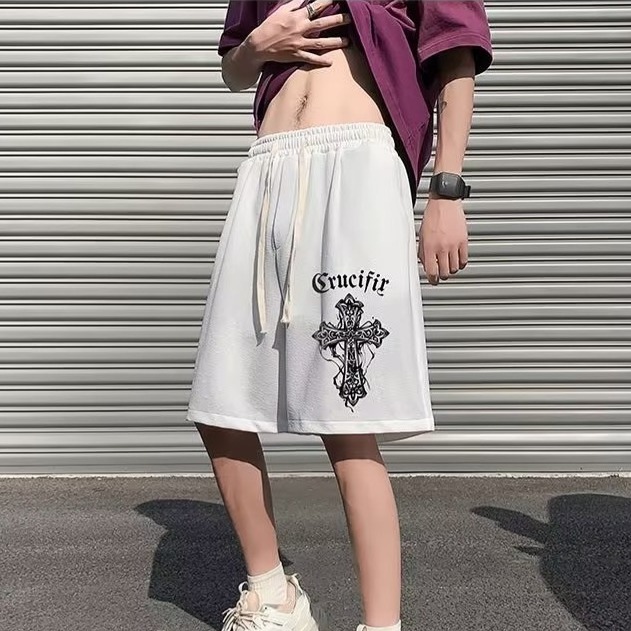 『癮品流行』美式純棉高街運動短褲 十字架印花 五分褲 闊腿寬褲  休閒百搭 寬鬆大碼 M-5XL-細節圖4